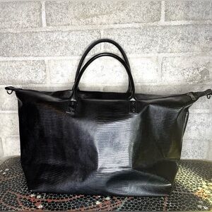 Lulu Dharma Black Embossed Lizard Weekender Tote Large Zip Travel Bag (No Strap)